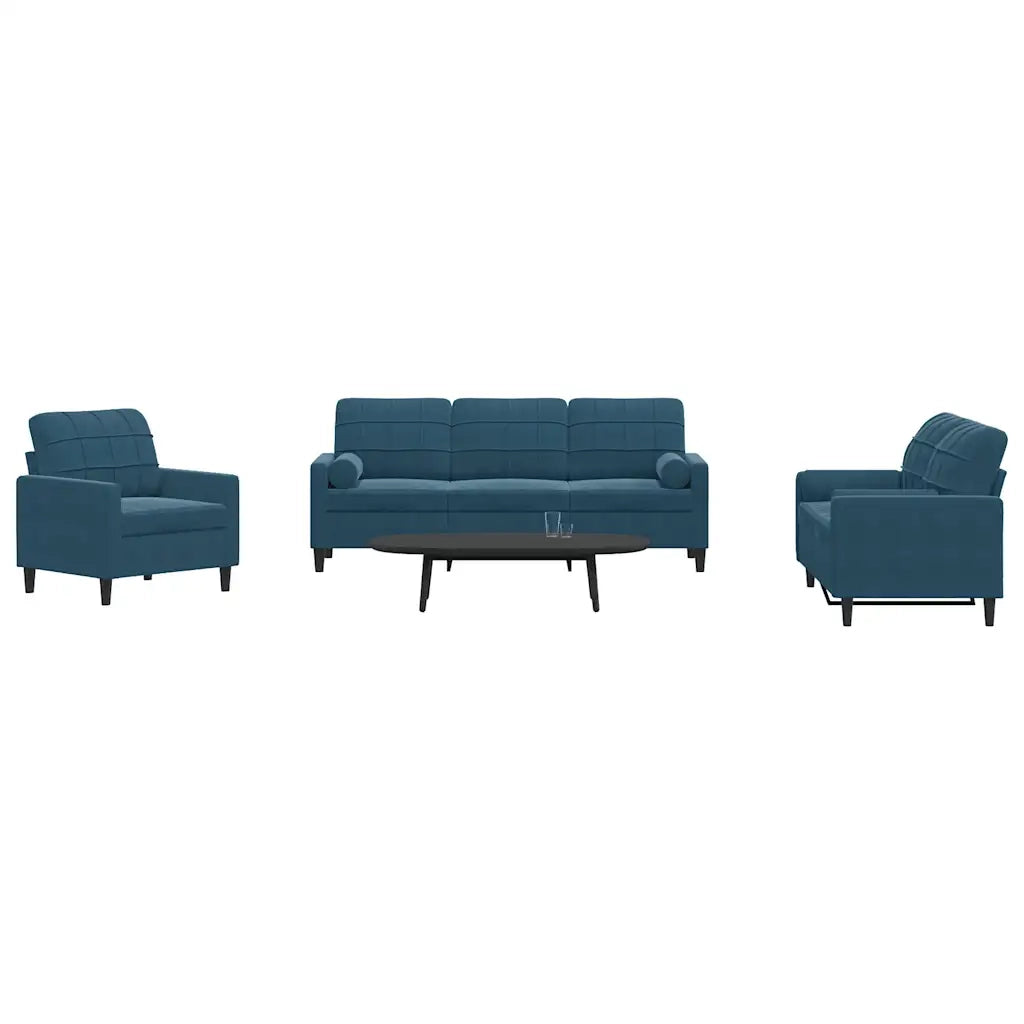 Set di Divani 3 pz con Cuscini e Rinforzi Blu in Velluto
