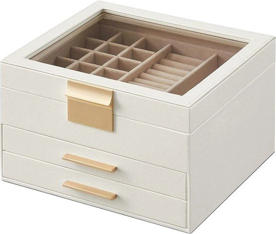 Cassetto di stoccaggio con 3 livelli e coperchio in vetro - 2 ante - spazio di archiviazione - moderno - bianco opaco - JBC239WT