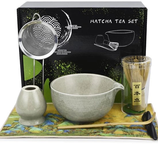 Set di Matcha 7 pezzi - Pennello per Matcha - Tazza per Matcha - Cucchiaio per Matcha - Setaccio per Matcha - Asciugamano per contenitore - Preparazione tradizionale - Set di the