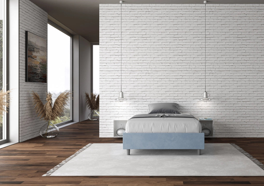 BS COM Letto una piazza e mezza con rete imbottito 110x190 microfibra azzurro