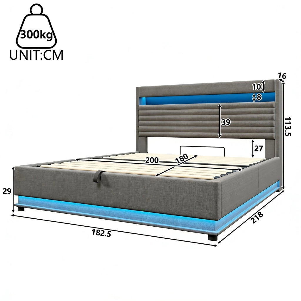 LETTO imbottito 180x200 cm in lino grigio con USB Type-C e LED, senza materasso