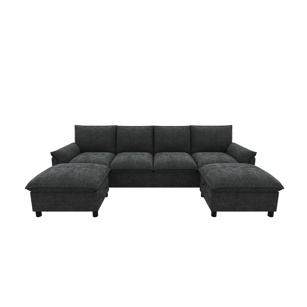 DIVANO modulare a U 264,5x142,5x84 cm in ciniglia nera con 2 pouf