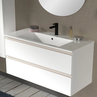 Mobile bagno sospeso 100 cm bianco opaco con lavabo e specchio tondo Master