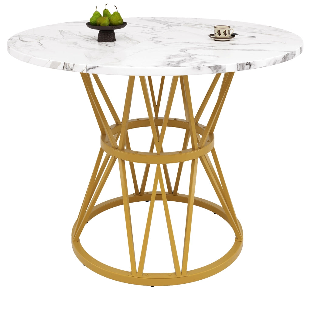 Tavolo da Pranzo Rotondo per 4 Persone ¨C Xylo ¨C Piano MDF Effetto Marmo, Gambe in Metallo Dorato, 100x100x76