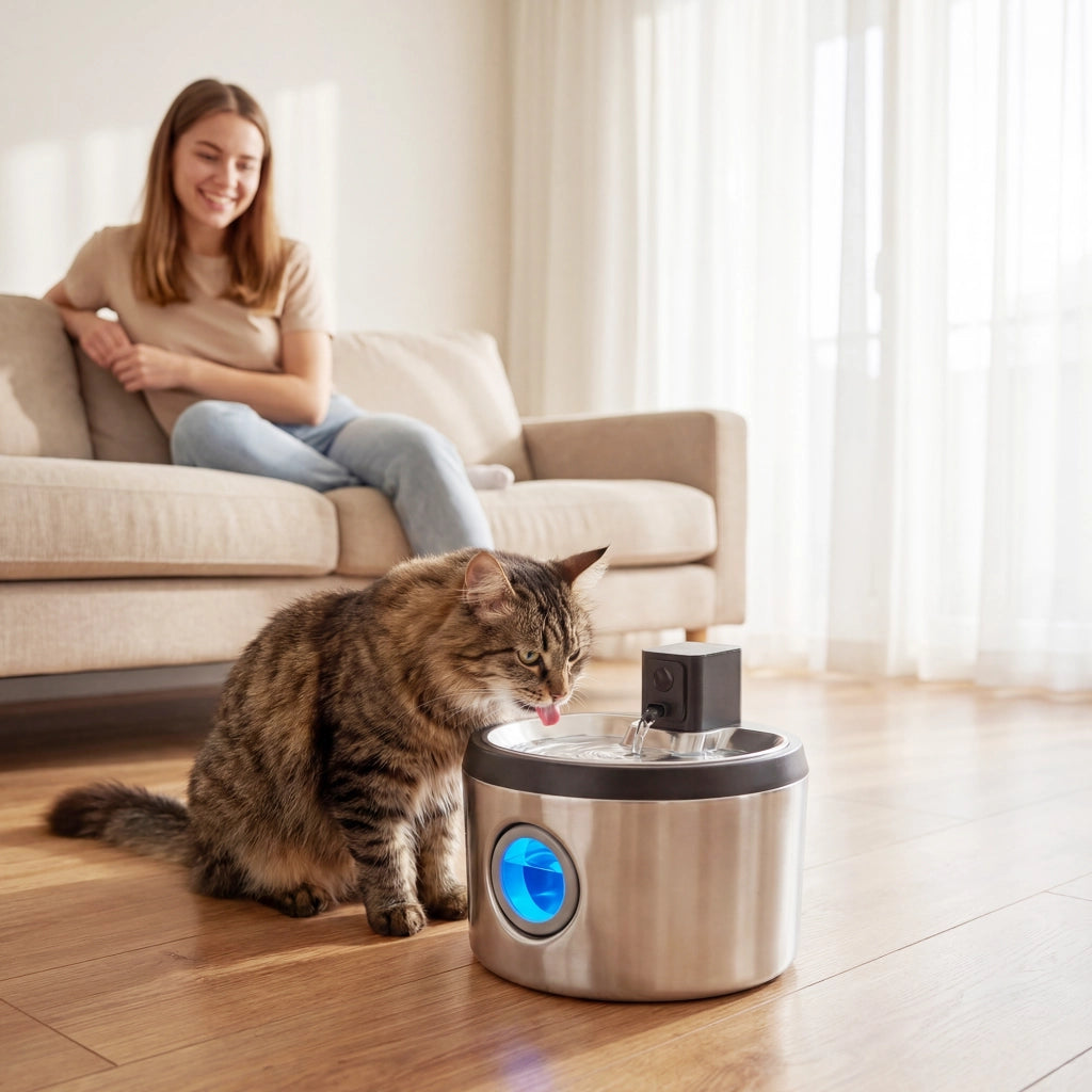 Fontana per Gatti 4L Senza Fili Acciaio Inox con Sensore Movimento 6 Filtri LED ¨C Xylo ¨C Argento