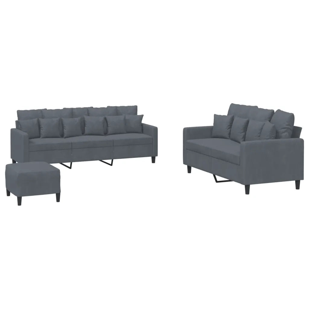 Set di Divani 3 pz con Cuscini Grigio Scuro in Velluto
