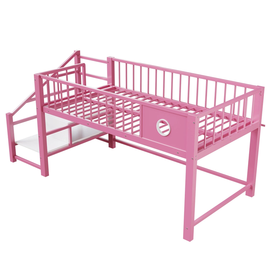 Letto basso per bambini rosa 90 x 200 cm; struttura metallica robusta; scala con riposticulo; per bambini e adolescenti