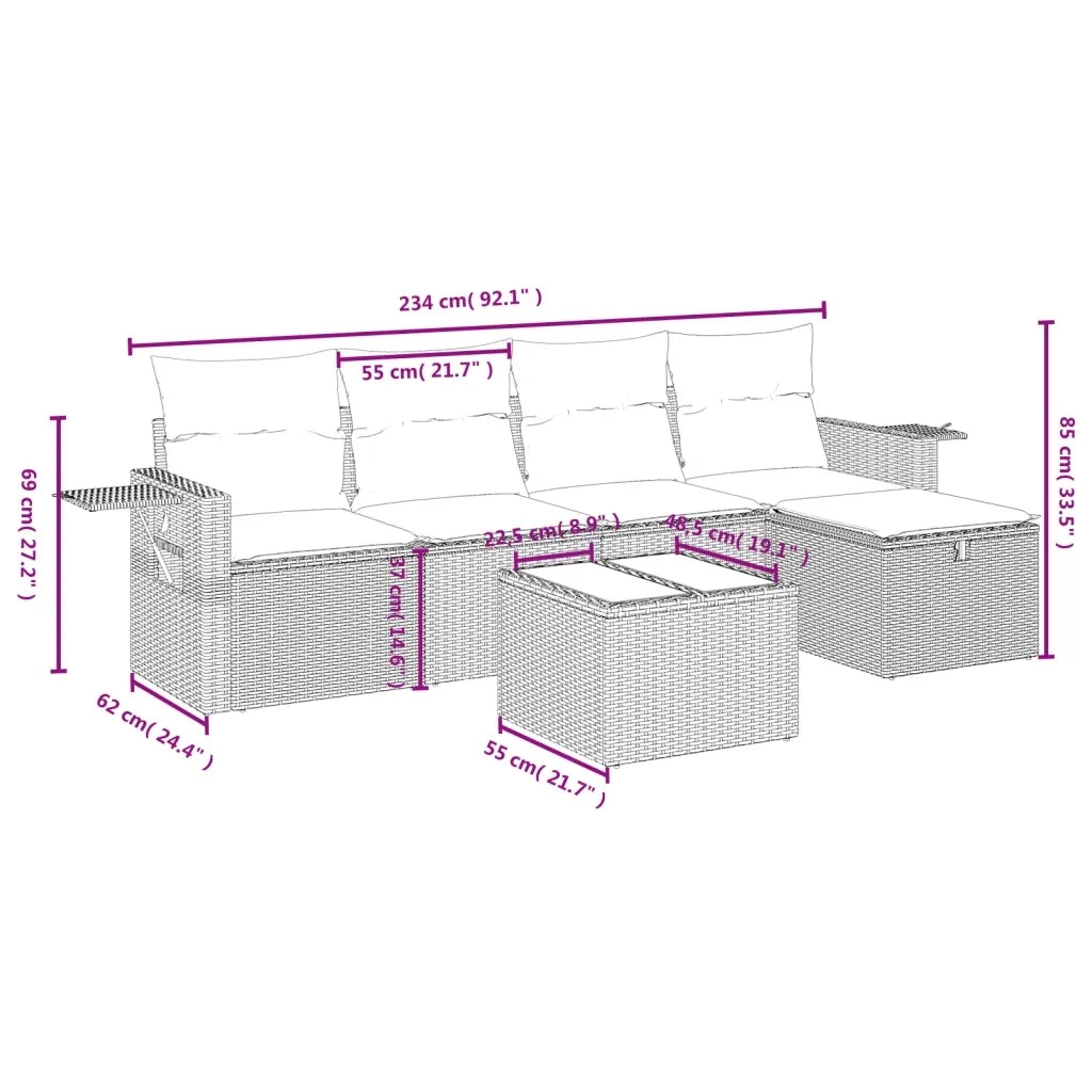 Set Divano da Giardino 6 pz con Cuscini Nero in Polyrattan 3263782