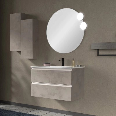 Mobile bagno sospeso 80 cm grigio cemento con lavabo e specchio tondo Master