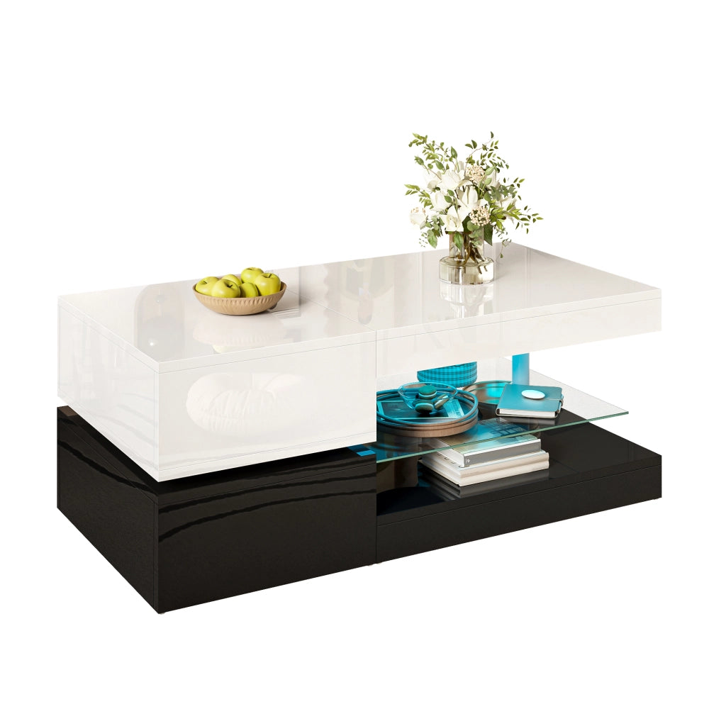 OKWISH Tavolino da Salotto con Ripiano in Vetro e LED, Controllo Bluetooth, per Soggiorno, Nero e Bianco, 90 x 45 x 35.5 cm