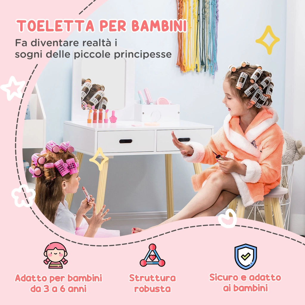 Toeletta per Bambini con Tavolo Trucco, Sgabello, Specchio e Cassetti ¨C Minimal ¨C Bianco e Legno