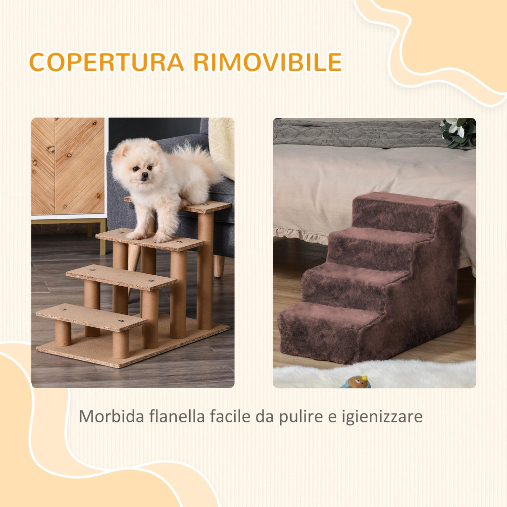 Scaletta per Cani a 4 Gradini con Rivestimento Sfoderabile e Lavabile, Portatile, 60x35x44 cm, Marrone