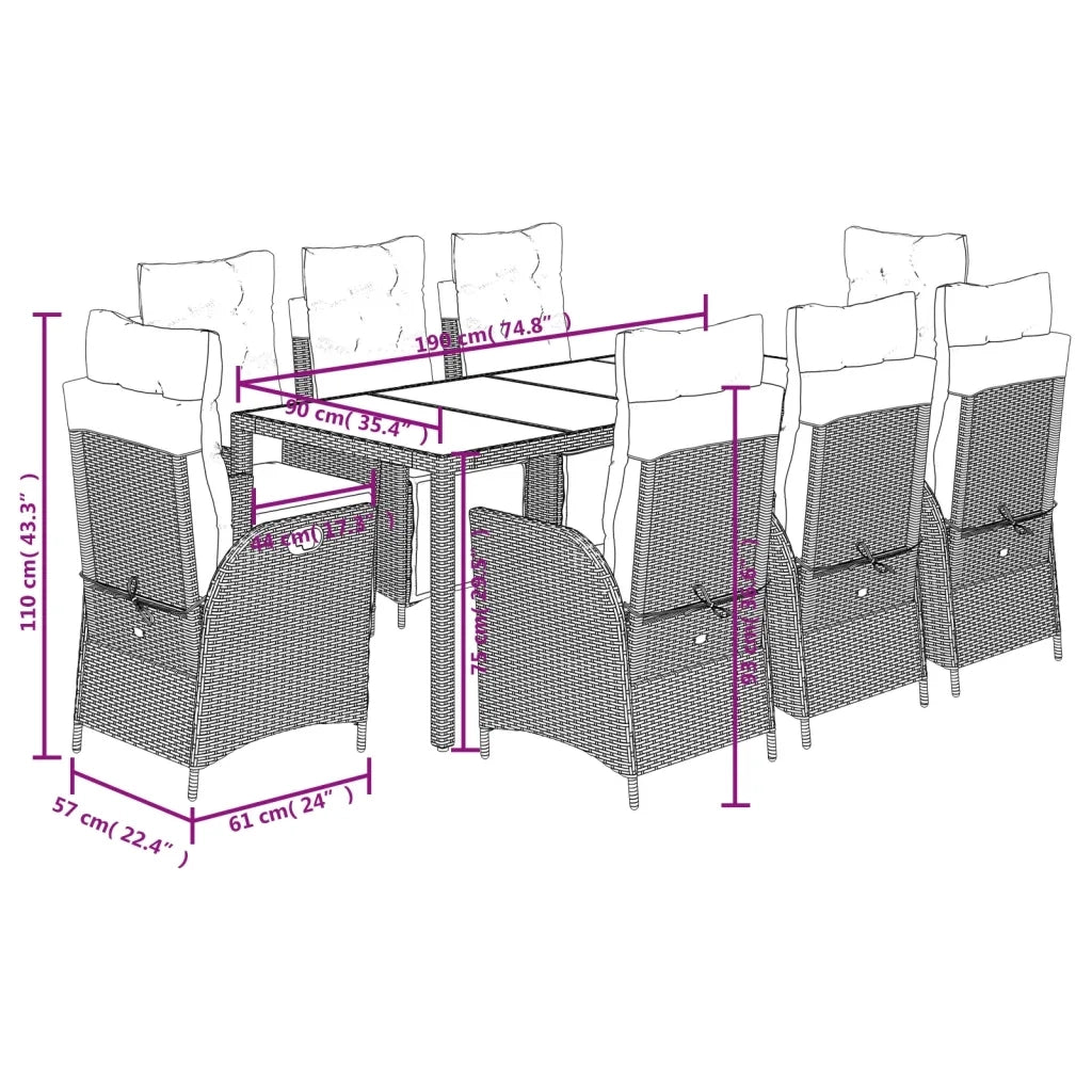 Set da Pranzo da Giardino 9 pz con Cuscini Nero in Polyrattan 3213074