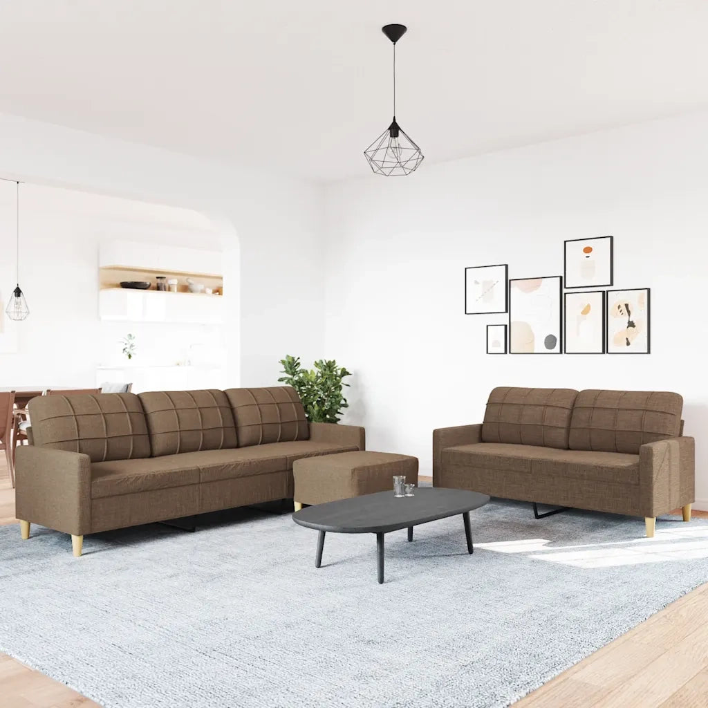 Set di Divani 3 pz con Poggiapiedi Marrone in Tessuto