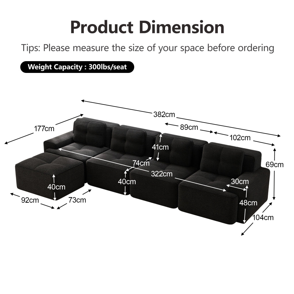 Divano Modulare Chaise Longue 4 Posti ¨C Xylo ¨C Velluto a Coste Nero