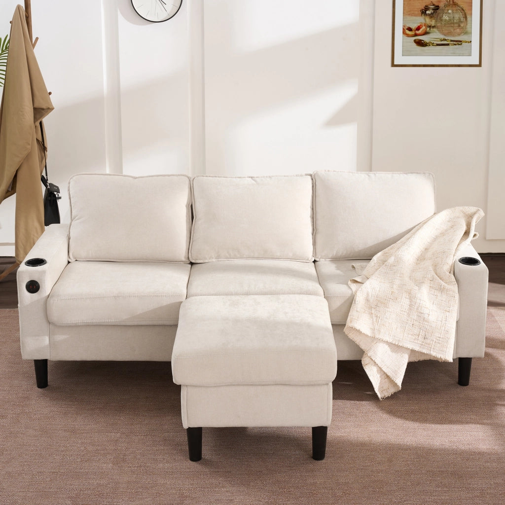 Divano angolare 3 posti beige con pouf modulare, 2 portabicchieri, USB e Type-C, 202x137x80 cm