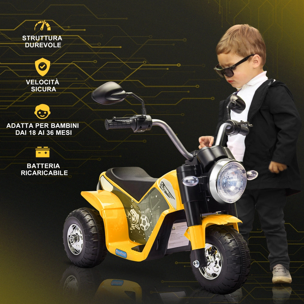 EasyComfort Moto Elettrica per Bambini a 3 Ruote con Luci e Suoni, Batteria Ricaricabile 6V, Velocità 2 km/h, per Bimbi da 18-36 Mesi, 72cmx57cmx56cm Gialla