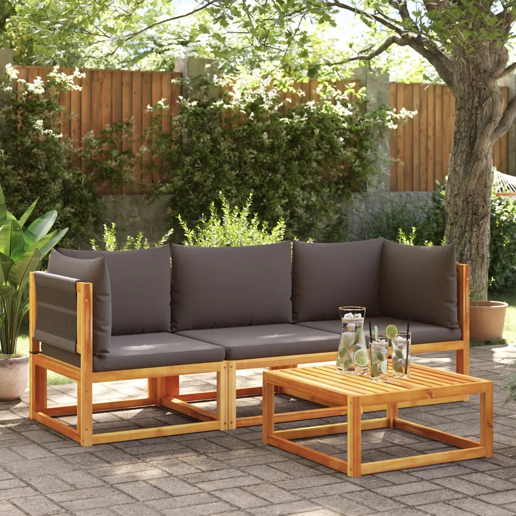 Set di divani da giardino 3 pezzi con cuscini in legno di acacia e corda