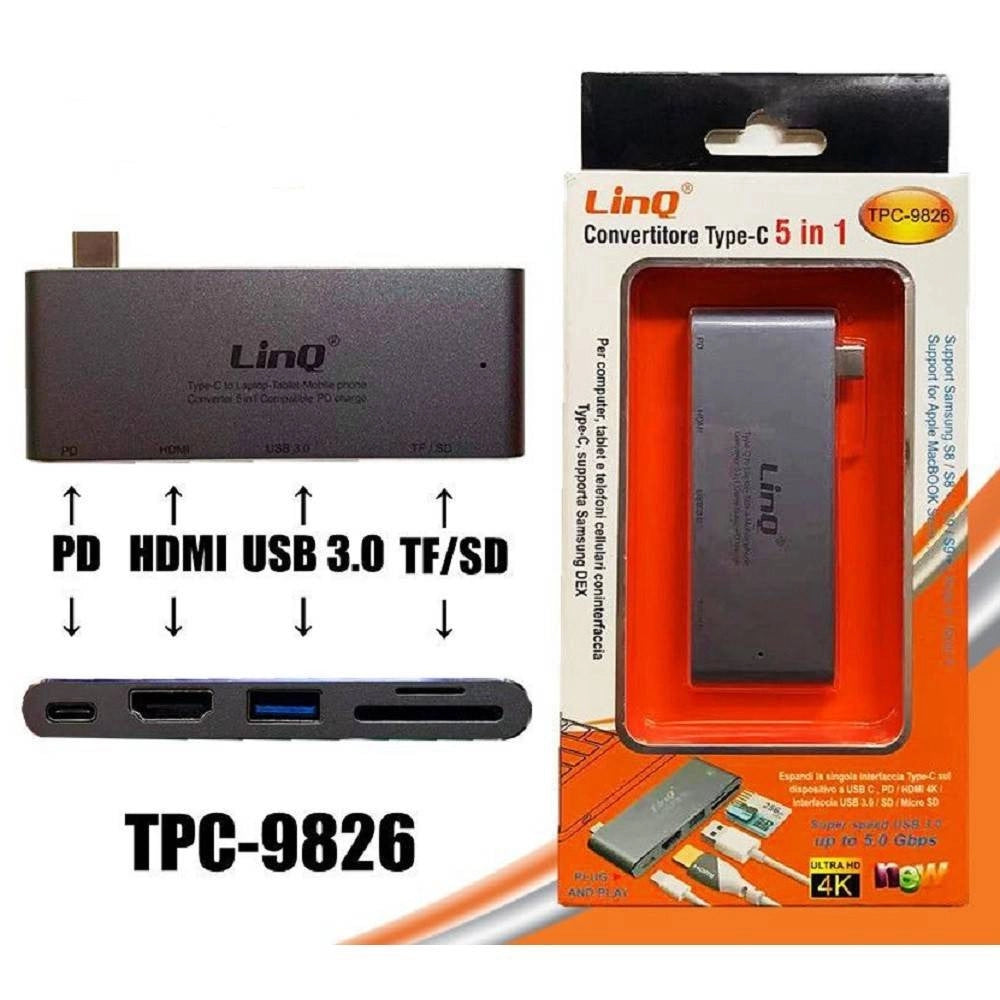 Trade Shop - Convertitore Hub 5in1 Type-c Schede Micro Sd Usb3.0 Hdmi 4k Sd Adattatore Tpc-9826 -