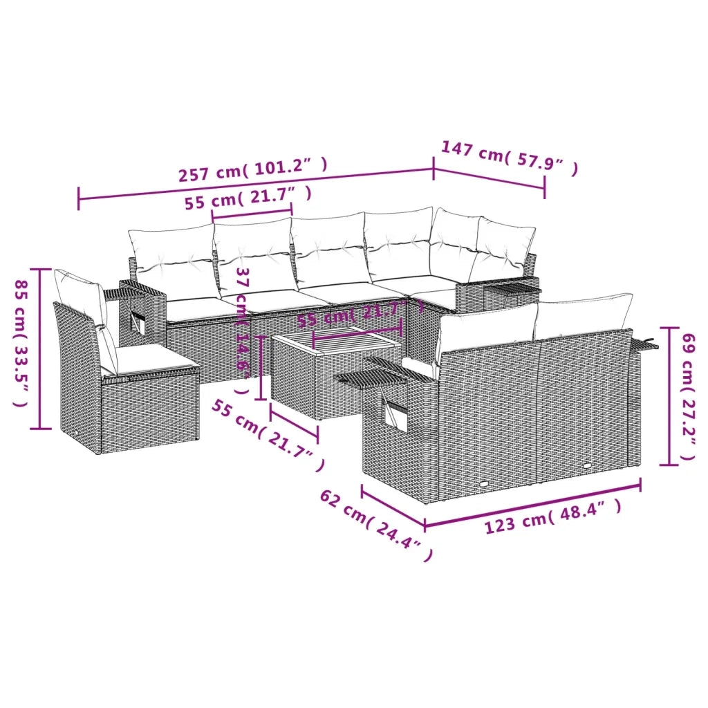 Set Divani da Giardino 9 pz con Cuscini Nero in Polyrattan 3256986