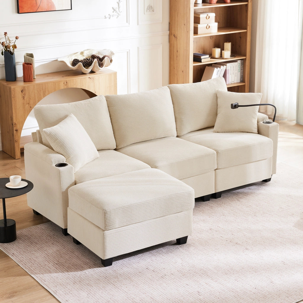 Divano angolare reversibile 3 posti con ricarica USB, ripiano bracciolo, 2 cuscini, velluto a coste Beige