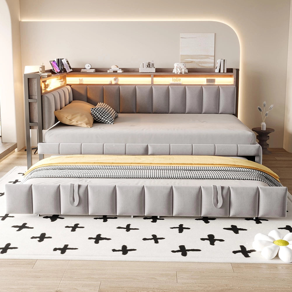 Divano letto 90x200cm?- Xylo - gigogne LED USB velluto grigio chiaro