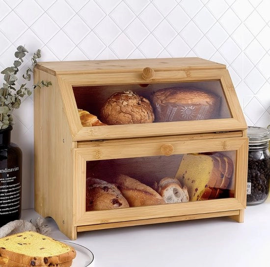 Cassa per il Pane in Bambù – Due Livelli con Ventilazione e Finestra di Visuale, Contenitore in Legno per il Pane Spazioso