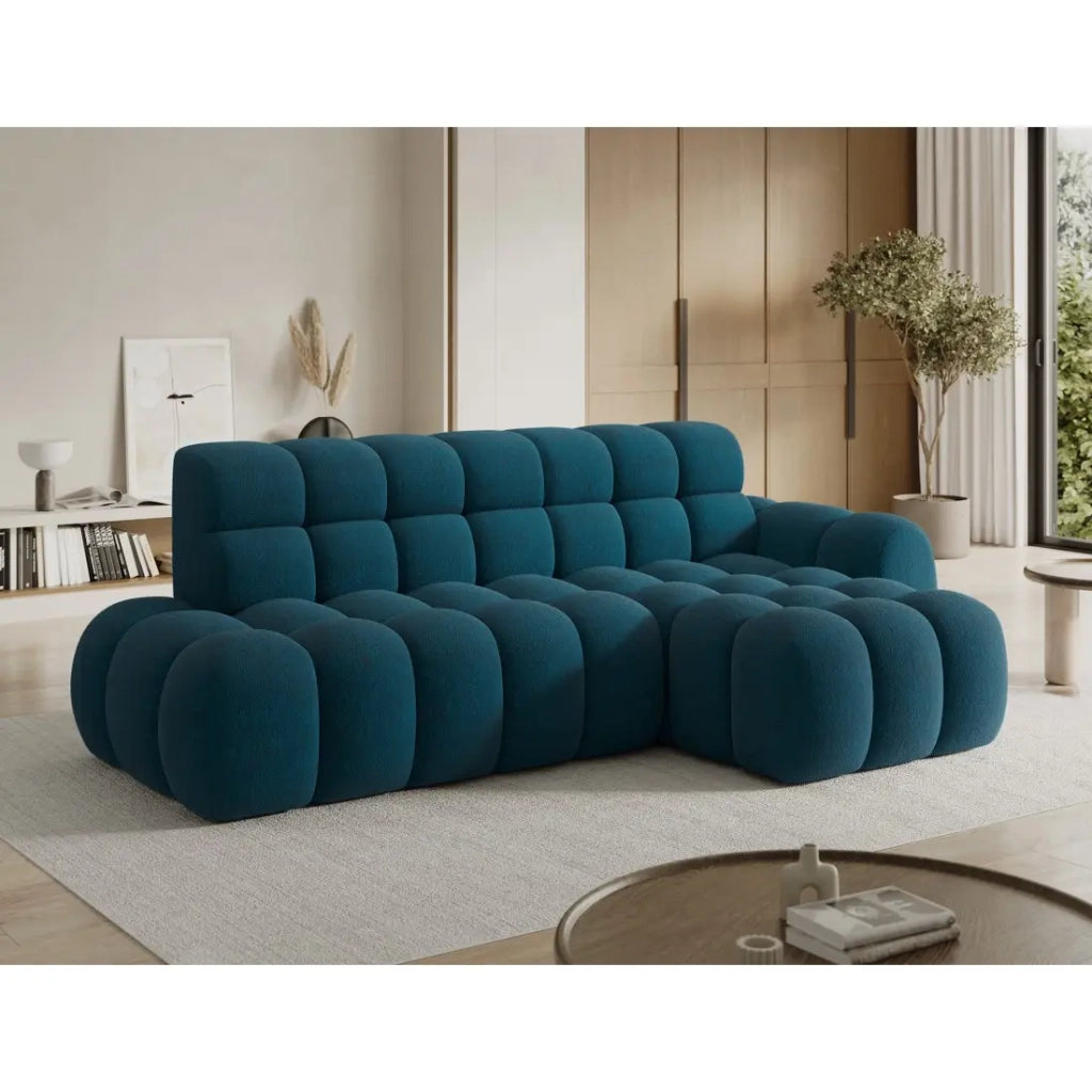 Divano ad angolo convertibile BULLA 3 posti blu angolo destro - tessuto bouclé con estensione della seduta elettrica