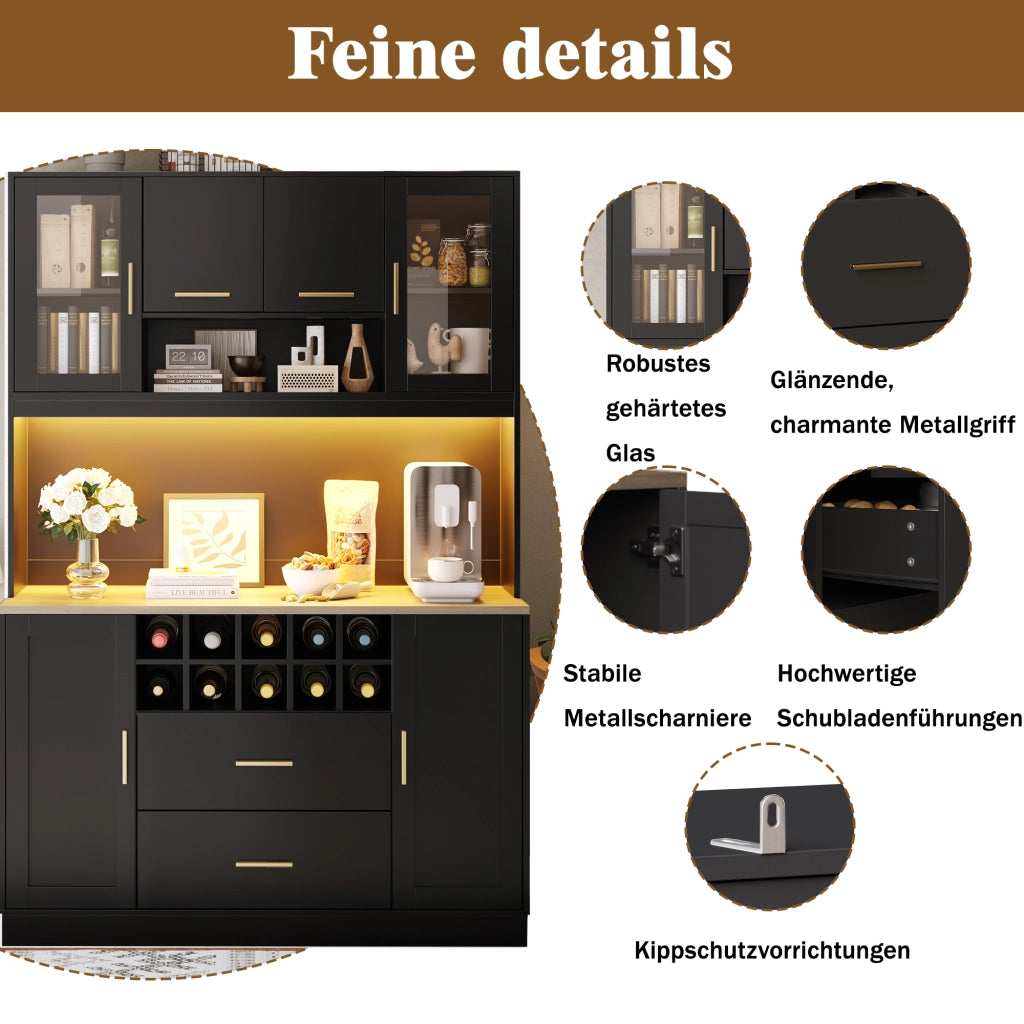CREDENZA 120x36,3x180 cm nera in MDF e metallo con LED e prese