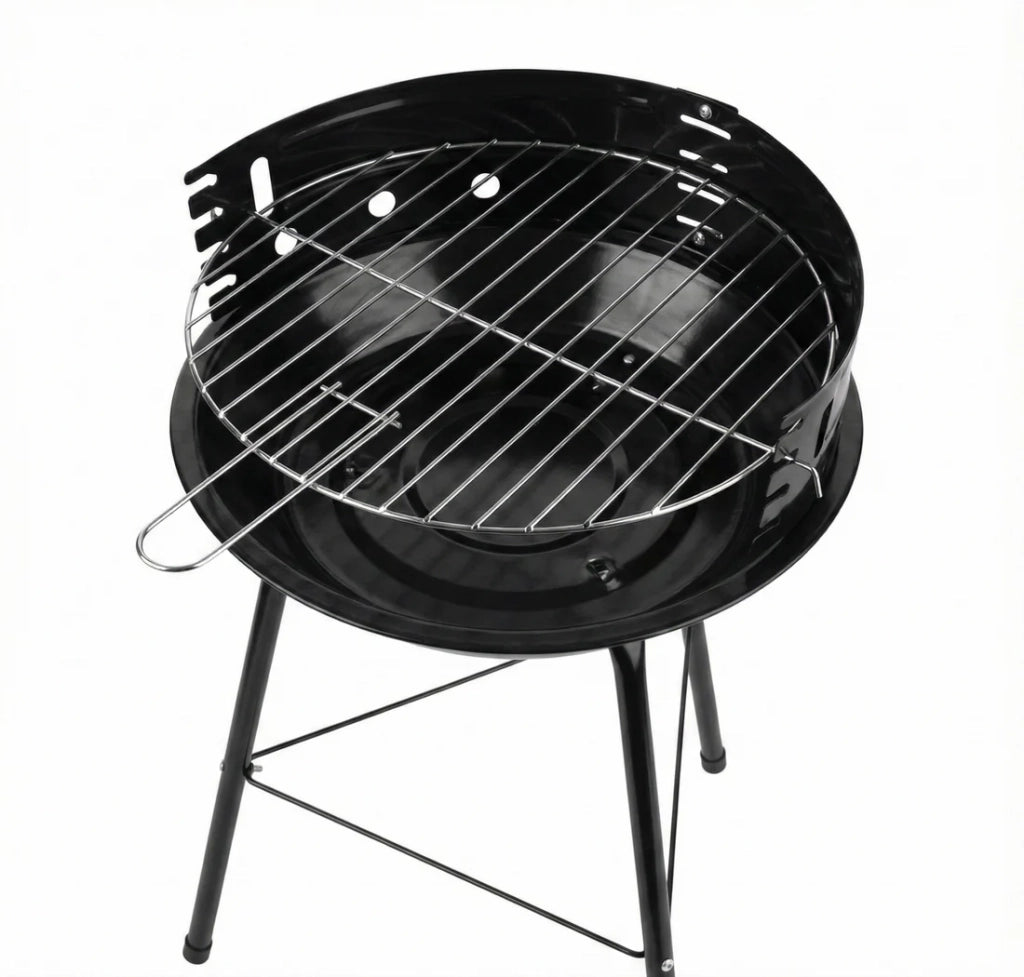 Barbecue a Carbone Portatile Ø 36cm con Griglia Regolabile e Paravento