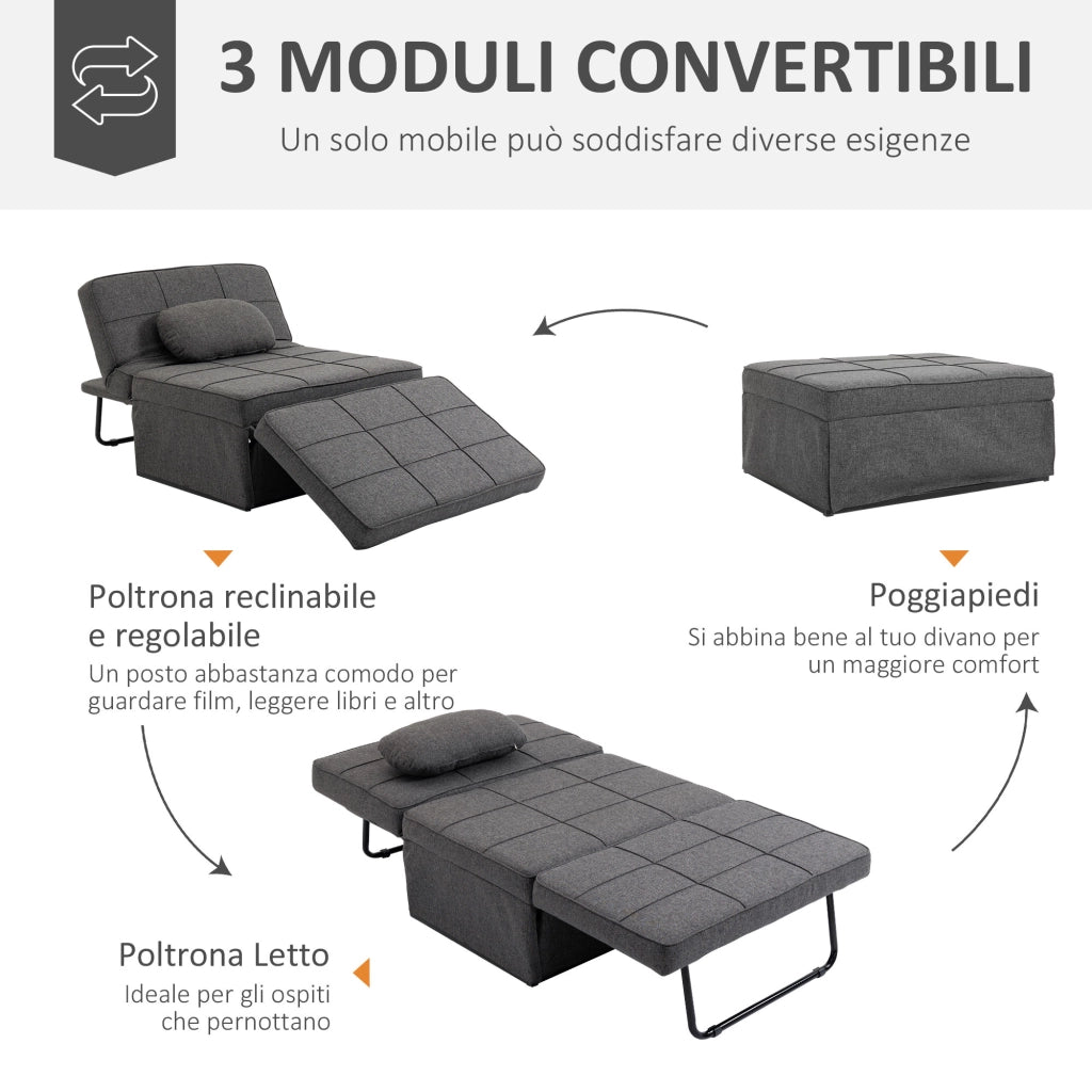 Poltrona letto 4 in 1 con schienale regolabile ¨C Xylo ¨C Tessuto grigio effetto lino 95x179x78 cm