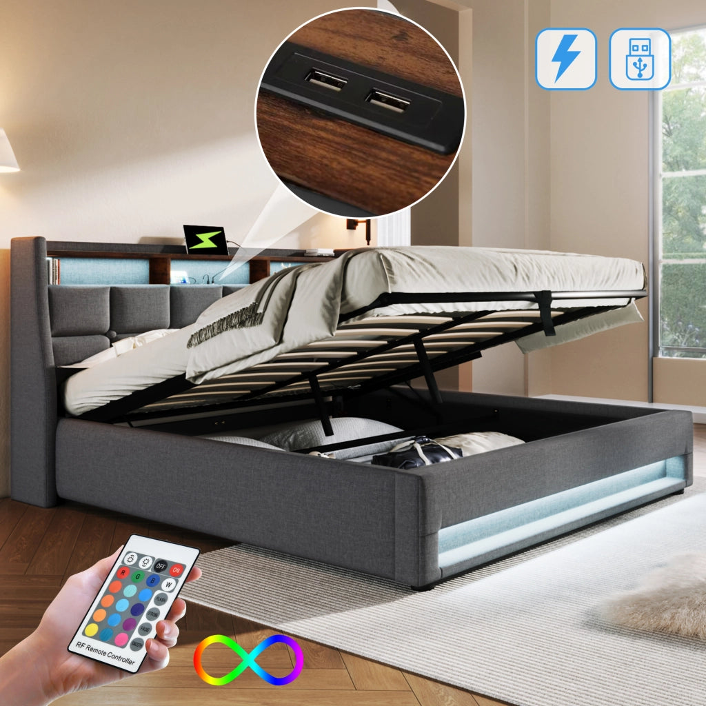 LETTO Imbottito 140x200 cm Grigio in lino con LED e USB
