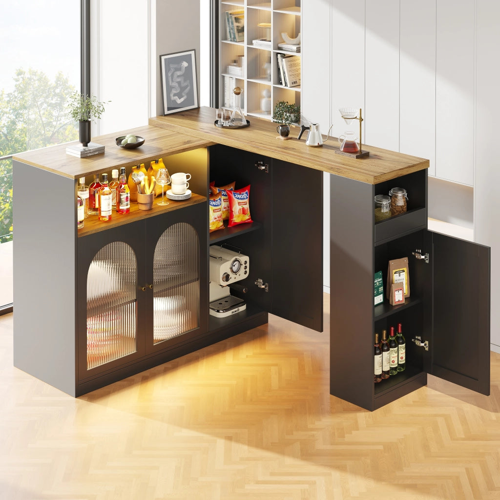 Bartisch Girevole 360¡ã con Scrivania, Credenza, LED e Ante in Vetro ¨C Xylo ¨C Nero Opaco, Legno, 198x39.6x97