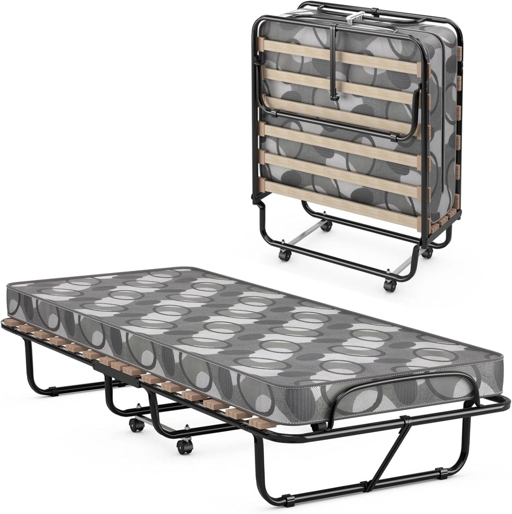 Brandina Pieghevole con Materasso, in Memory Foam, Struttura Resistente e 4 Ruote Girevoli, Lettino Pieghevole per Casa Ufficio, 190x80x33 cm (Grigio)