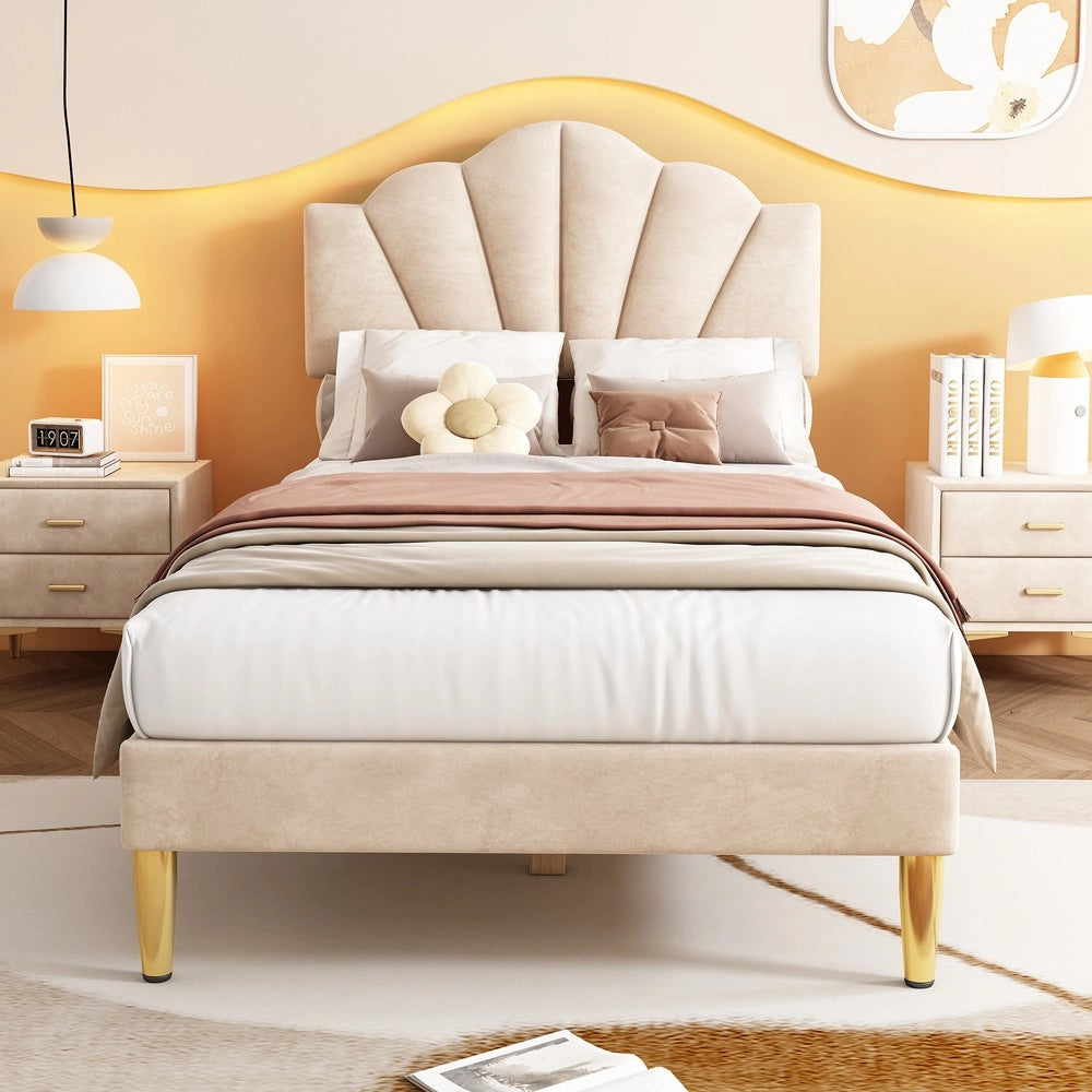 Letto Imbottito in Velluto con Testiera Regolabile ¨C MINIMAL ¨C 90x200, Beige