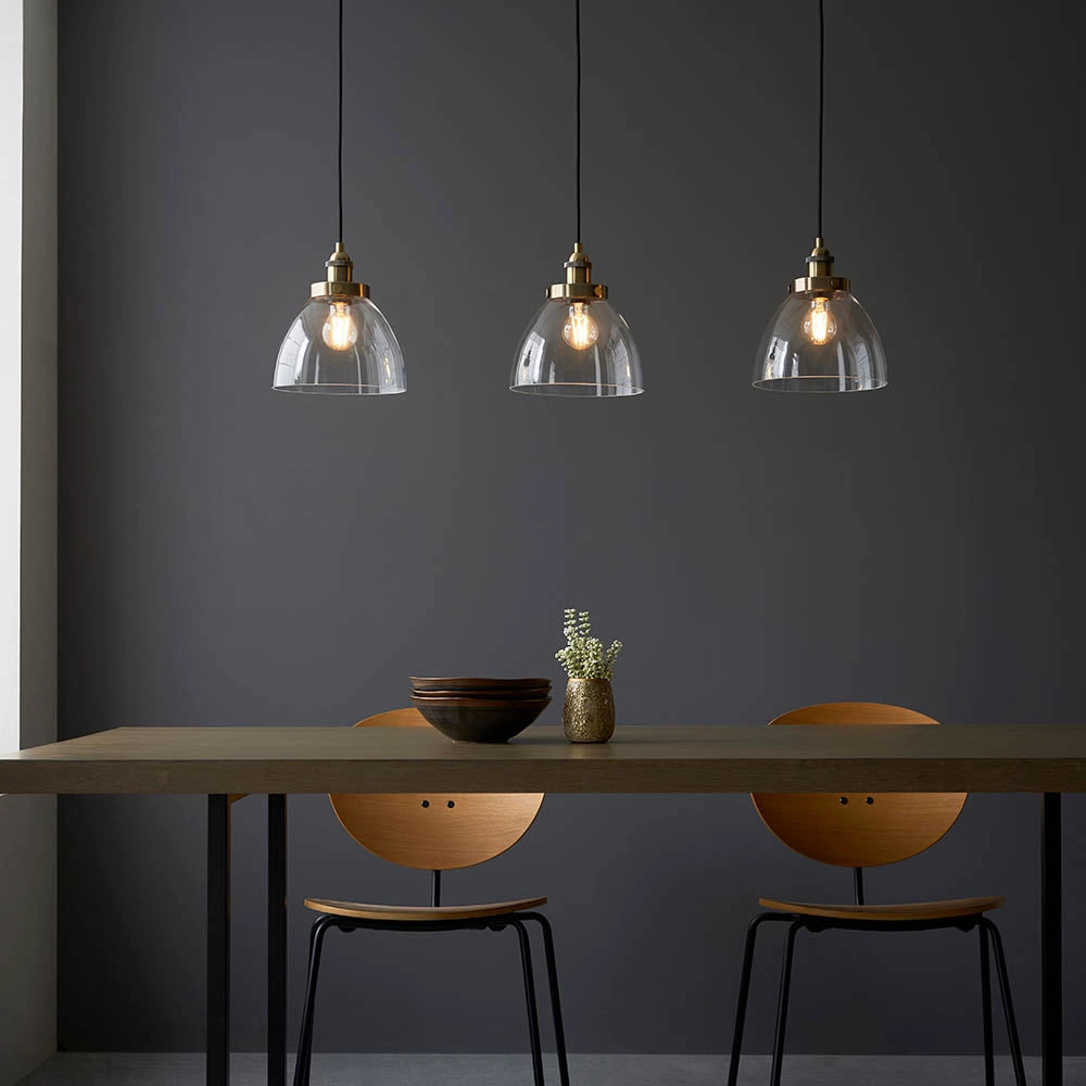 Lampada a sospensione industriale ottone anticato vetro 3xE27