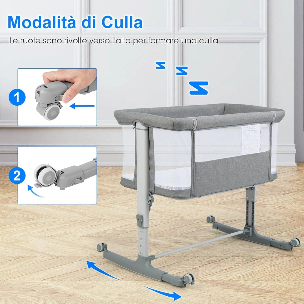 3 in 1 Culla Neonato Fianco Letto, Lettino Neonato Dondolo con Materasso, Culla Co-Sleeping Fino a 9 kg, Altezza Regolabili, 84 x 59,5 x 80,5cm (Grigio)