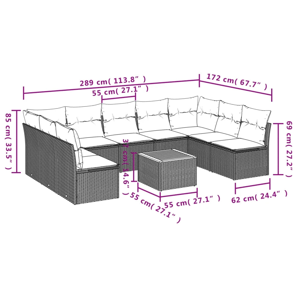 Set Divano da Giardino 10 pz con Cuscini Grigio in Polyrattan 3223792