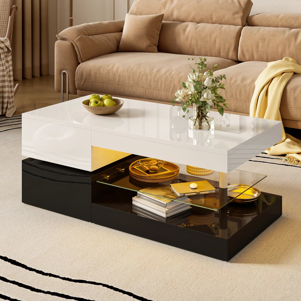 OKWISH Tavolino da Salotto con Ripiano in Vetro e LED, Controllo Bluetooth, per Soggiorno, Nero e Bianco, 90 x 45 x 35.5 cm