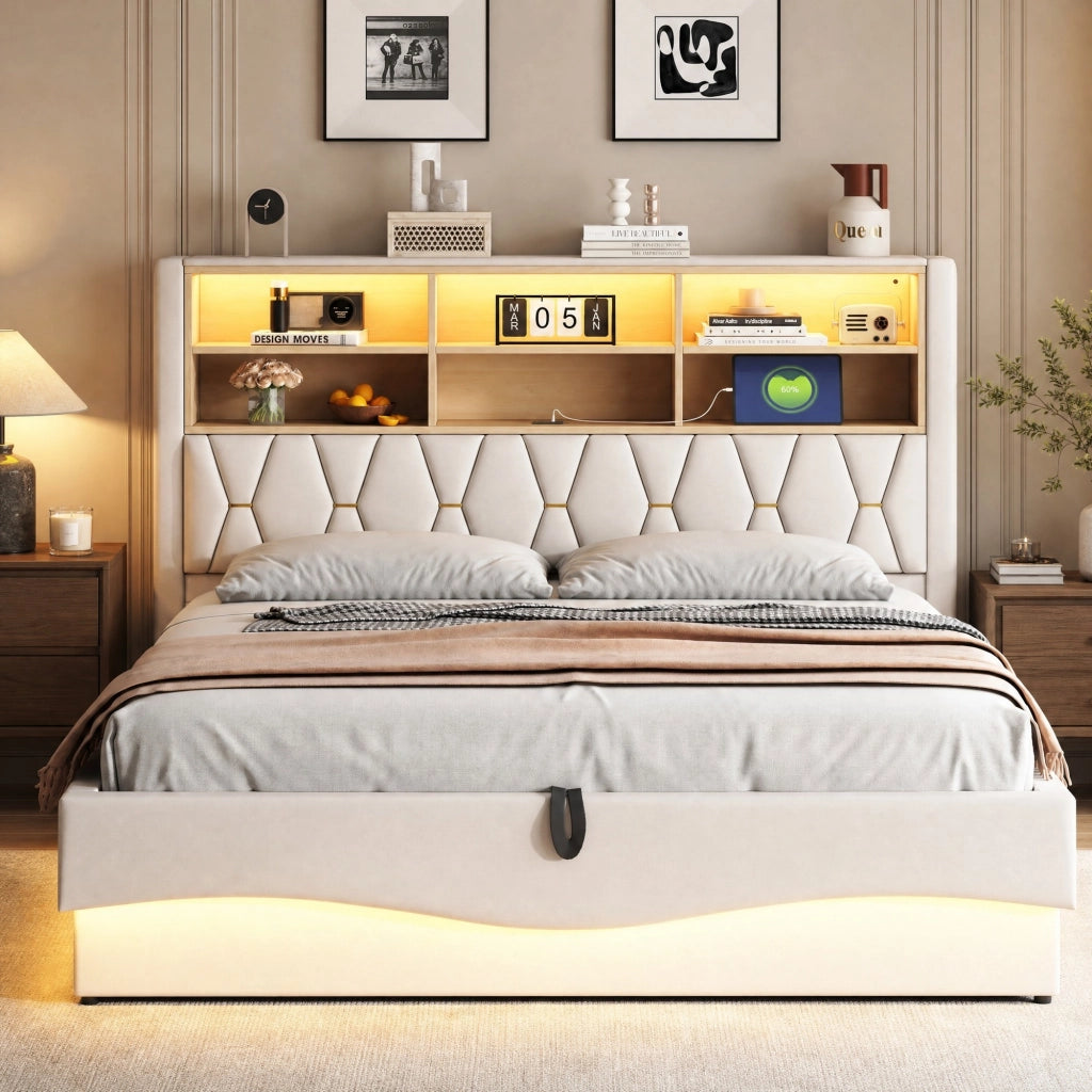 LETTO Contenitore 180x200 cm Beige in ferro con LED e USB