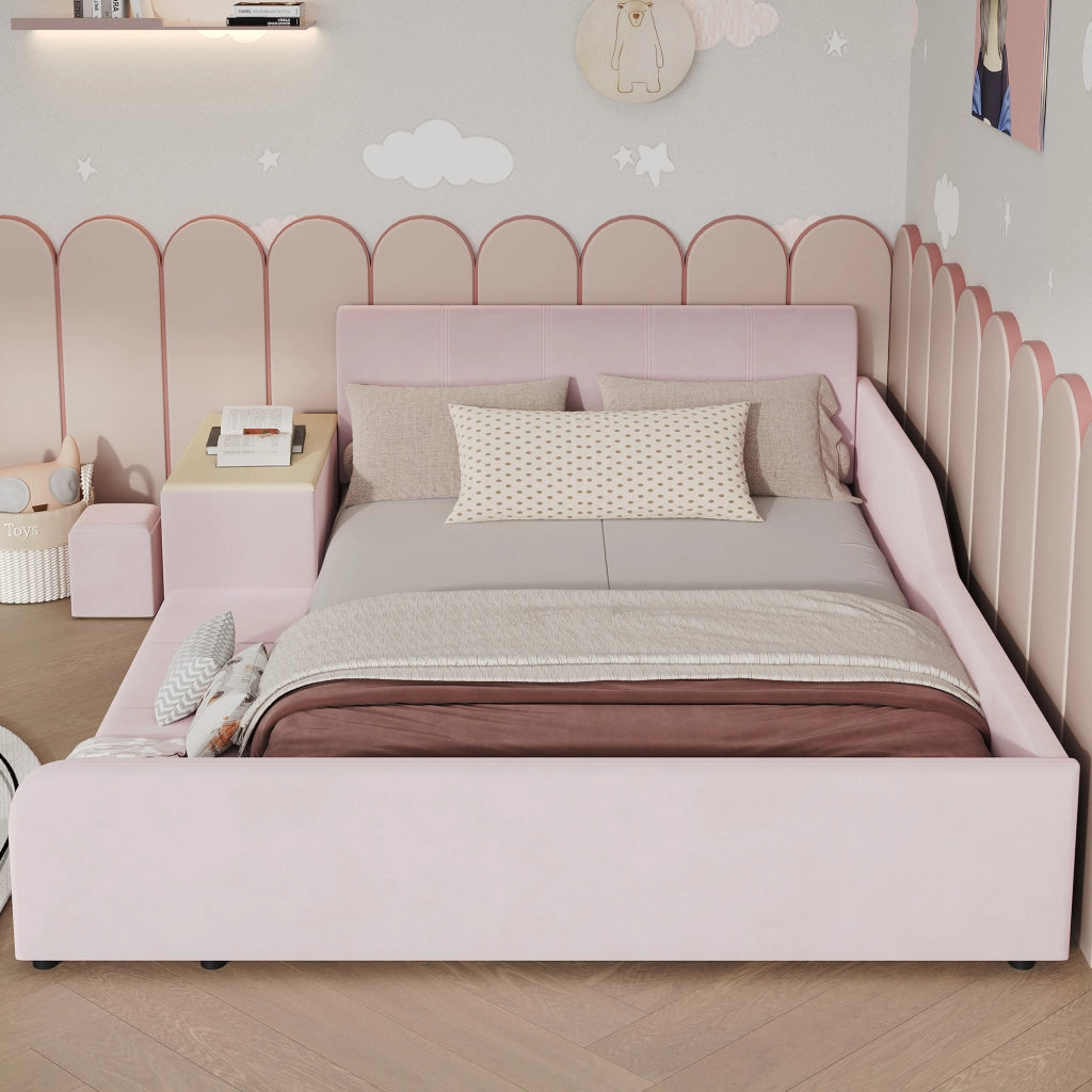 LETTO imbottito 140x200 cm Velluto Rosa con scrivania, sgabello e ripiano