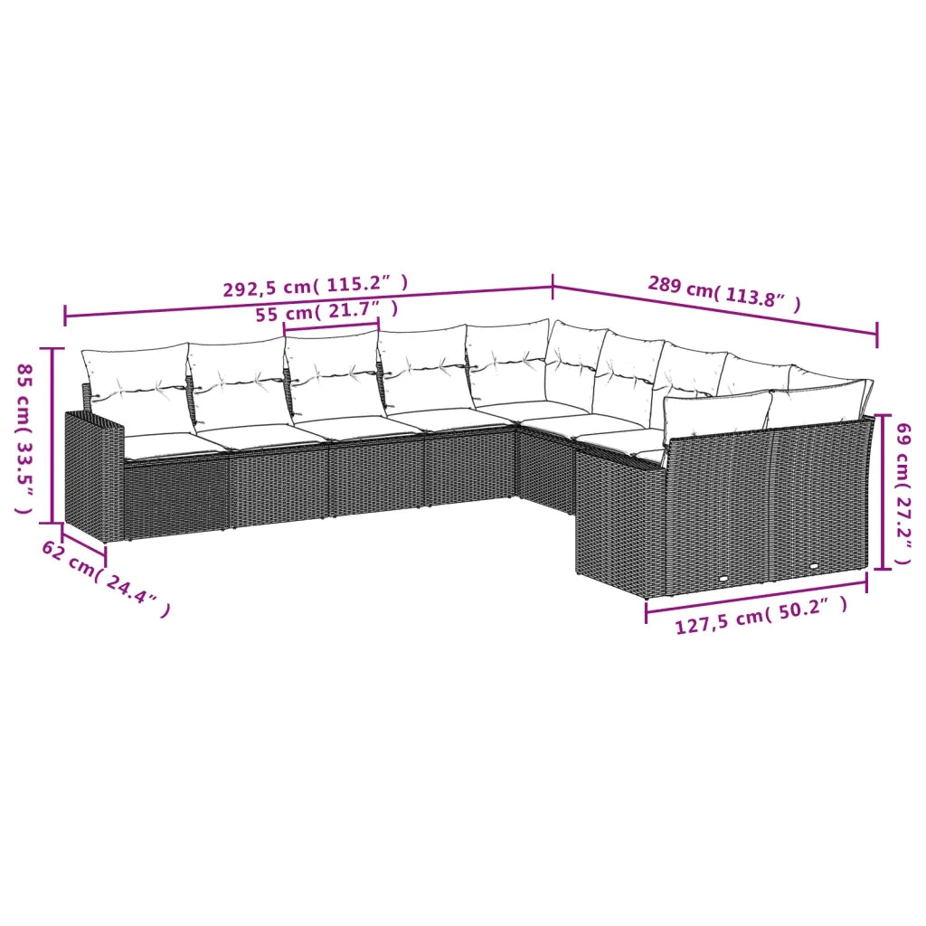 Set Divani da Giardino 10 pz con Cuscini Nero in Polyrattan 3219497