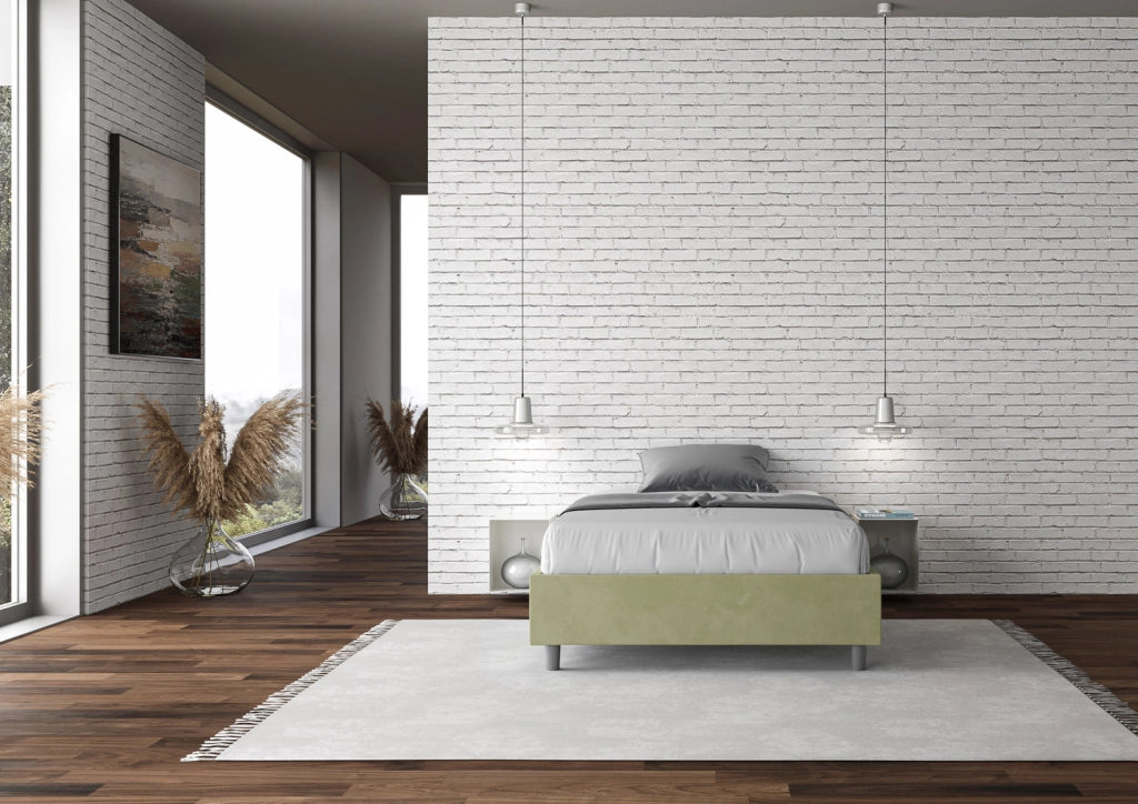 BS COM Letto singolo contenitore imbottito 100x200 microfibra tè verde