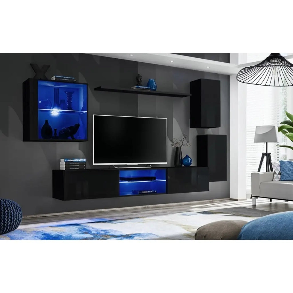 Set di mobili da soggiorno SWITCH XXIII – LED – Nero lucido – Design sospeso