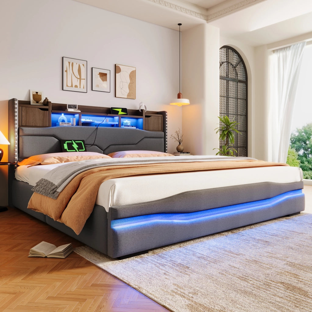 Letto imbottito grigio 180x200 con USB-C LED testiera con vano sollevamento idraulico
