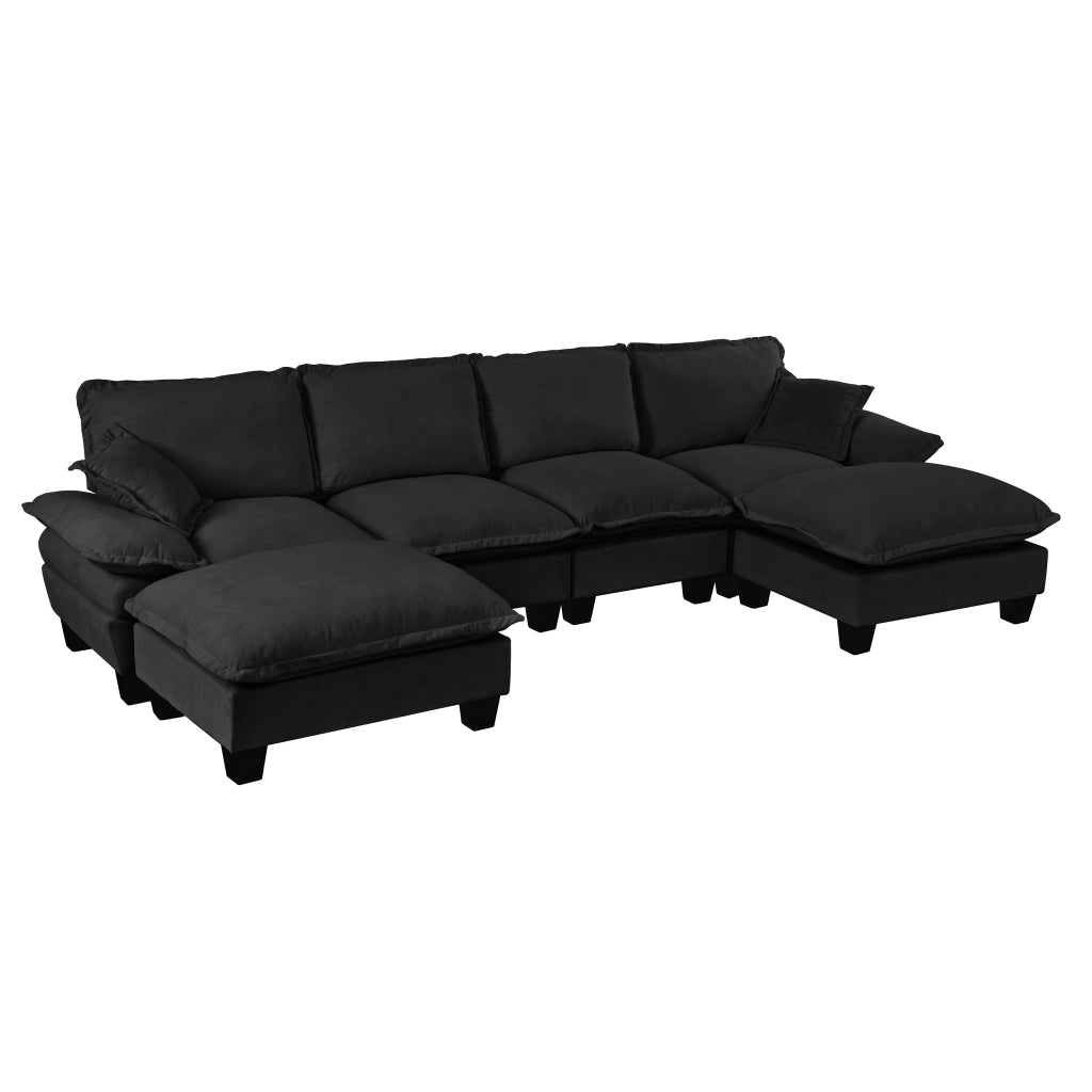Divano Angolare Modulare 6 Posti ¨C MINIMAL ¨C Chenille Nero con Ottomane