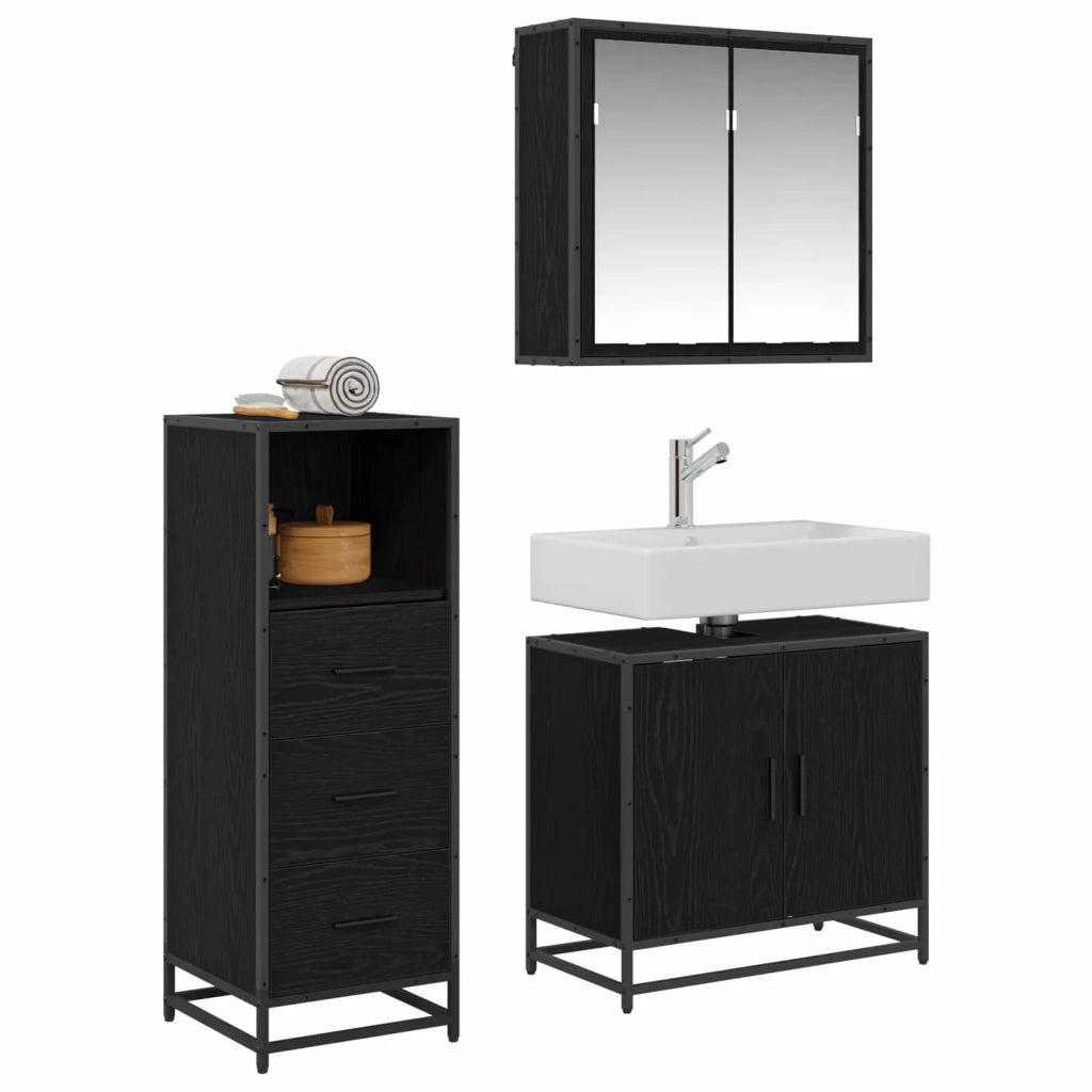 Set di mobili per il Bagno | Armadio da bagno 3 pz Rovere Nero Legno multistrato