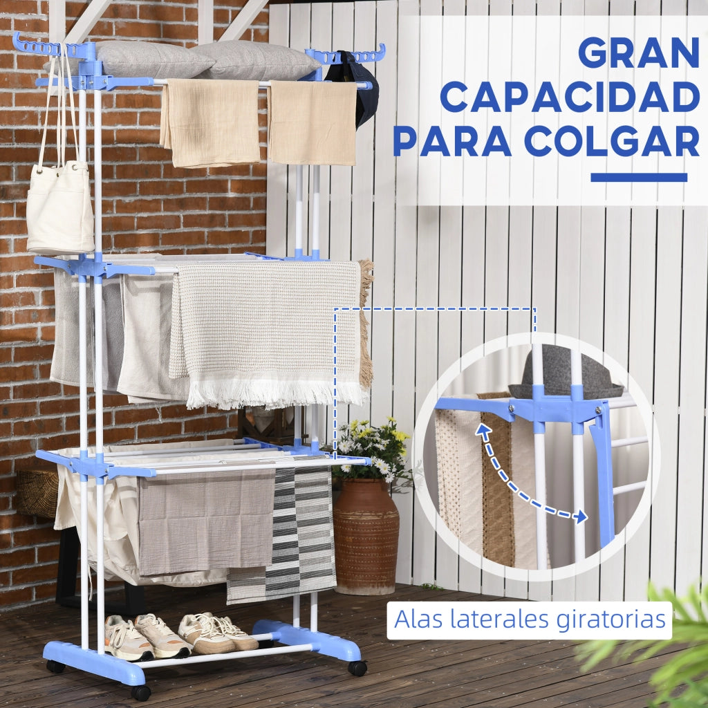 Appendiabiti Pieghevole a 3 Livelli con Ruote ¨C Minimal ¨C Blu e Bianco 73x64x172 cm