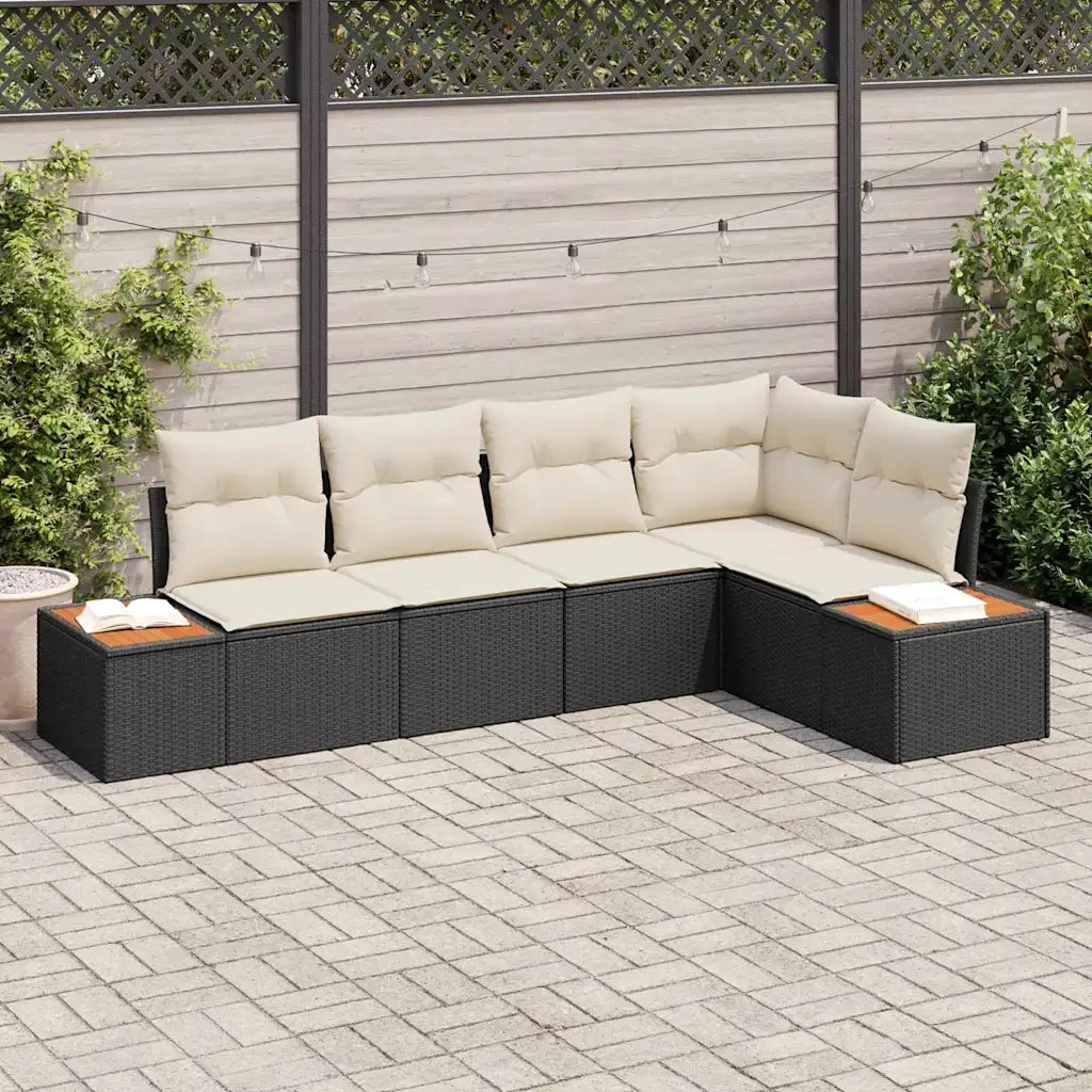 Set Divano da Giardino con cuscino 5 pcs Nero Poly Rattan