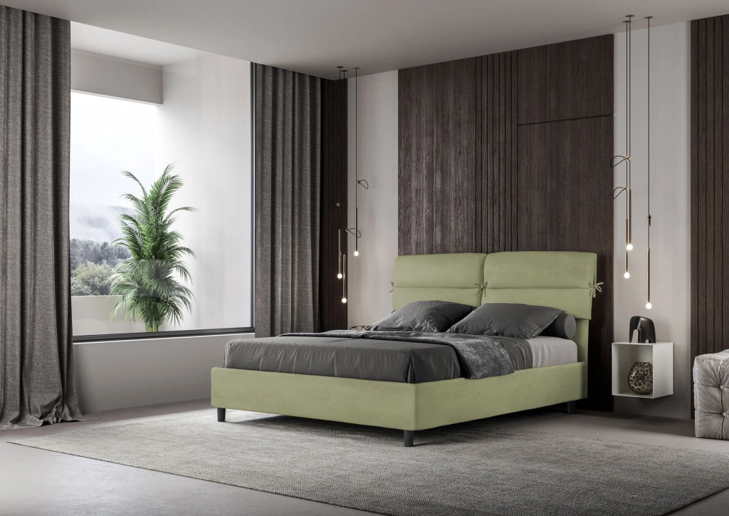 BS COM Letto matrimoniale contenitore doppia alzata imbottito 160x210 microfibra tè verde